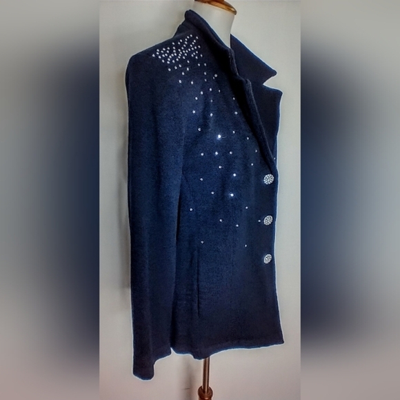 NAVY SILK KNIT BLAZER WITH RHINESTONES - Picture 3 of 8
